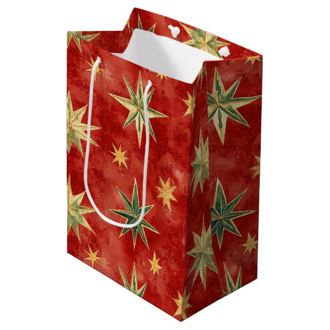 Sac Cadeau Moyen Red Green Gold Stars Christmas (Devant Angle)