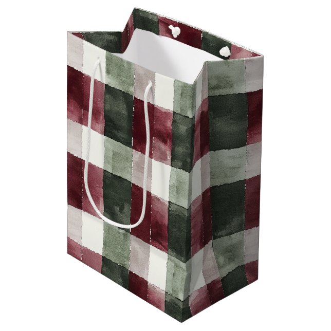 Sac Cadeau Moyen Red Green Plaid Stripes Russe Noël (Devant Angle)