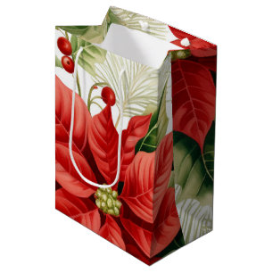 Sac Cadeau Moyen Red Green Poinsettia Holly Berry Noël
