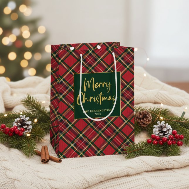 Sac Cadeau Moyen Red Tartan Plaid Gold Script Joyeux Noël (Red Tartan Plaid Gold Script Merry Christmas Medium Gift Bag)
