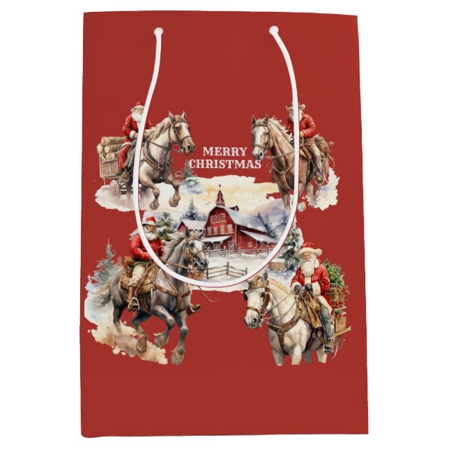 Sac Cadeau Moyen Red Western Christmas Père Noël Sur Horseback Cade (Devant)