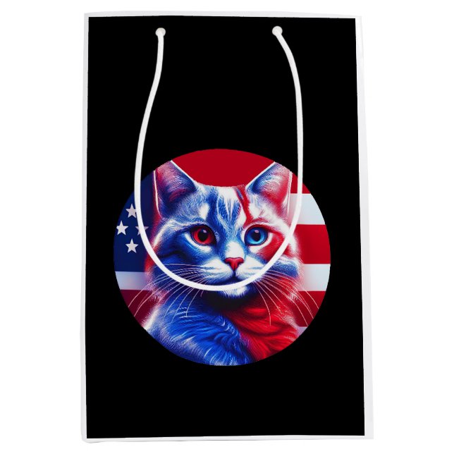 Sac Cadeau Moyen Red White & Blue Cat With American Flag Background (Devant)
