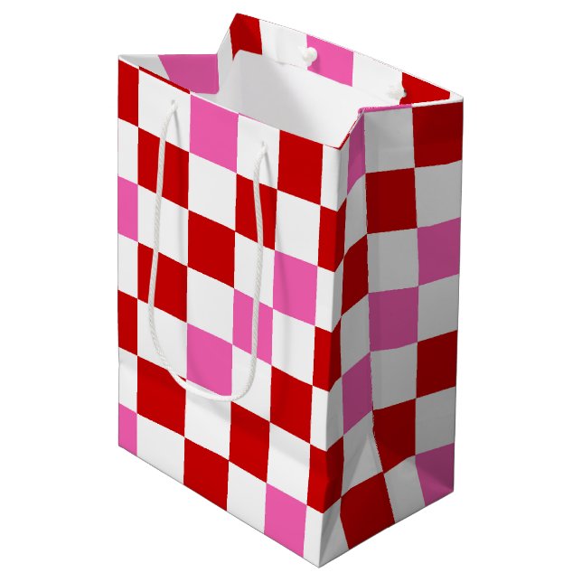 Sac Cadeau Moyen Red White Pink Checkered Pattern Design  (Devant Angle)