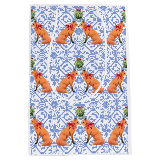 Sac Cadeau Moyen Renards S'Embrasser Sous Mistletoe Blue Chinoiseri (Devant)