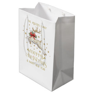 Sac Cadeau Moyen Renne de Noël blanc or