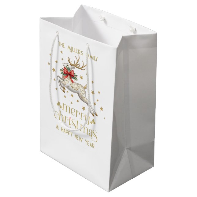 Sac Cadeau Moyen Renne de Noël blanc or (Dos Angle)