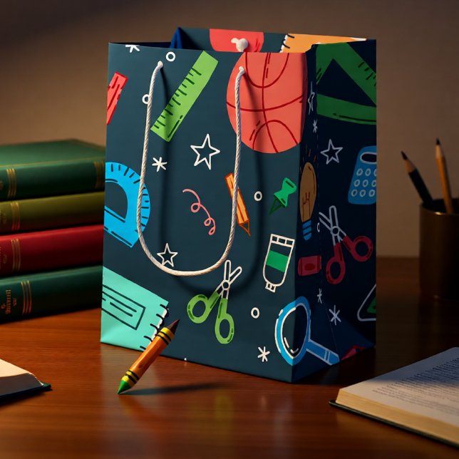 Sac Cadeau Moyen Retour à l'école fournitures bleues (Back to School Blue School Supplies Pattern Medium Gift Bag)
