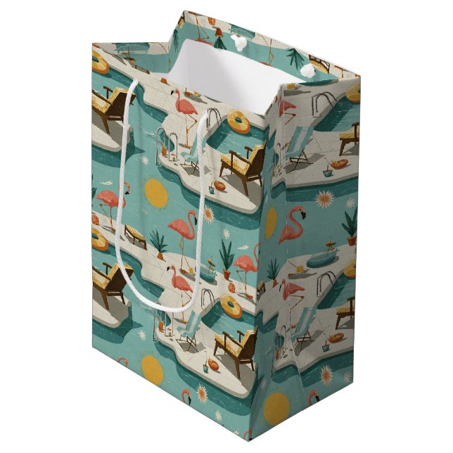Sac Cadeau Moyen Retro Flamingo Poolside Summer Pattern (1) (Devant Angle)