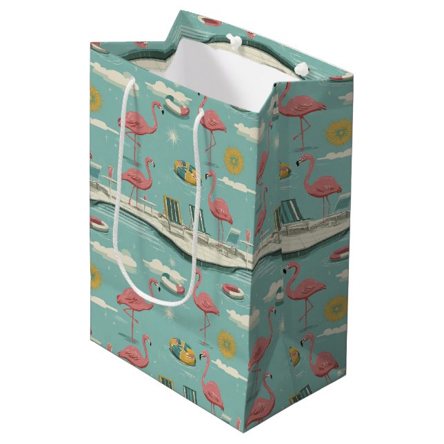 Sac Cadeau Moyen Retro Flamingo Poolside Summer Pattern (5) (Devant Angle)