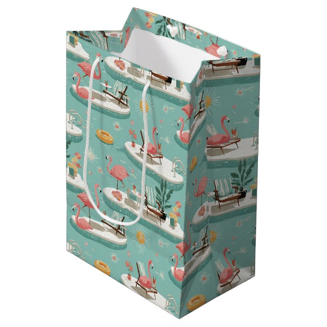 Sac Cadeau Moyen Retro Flamingo Poolside Summer Pattern (6) (Devant Angle)