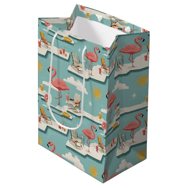 Sac Cadeau Moyen Retro Flamingo Poolside Summer Pattern (7) (Devant Angle)
