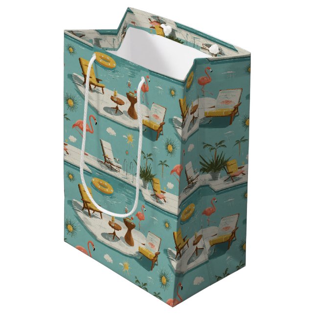 Sac Cadeau Moyen Retro Flamingo Poolside Summer Pattern (9) (Devant Angle)