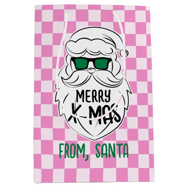 Sac Cadeau Moyen Retro Groovy Pink Checkered Santa Claus Christmas  (Devant)