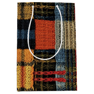 Sac Cadeau Moyen Retro Knit Patchwork - Cosy Boho d'automne Vintage
