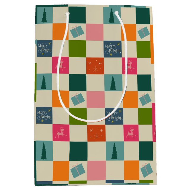Sac Cadeau Moyen Retro Merry and Bright Christmas Wrapping Paper (Devant)