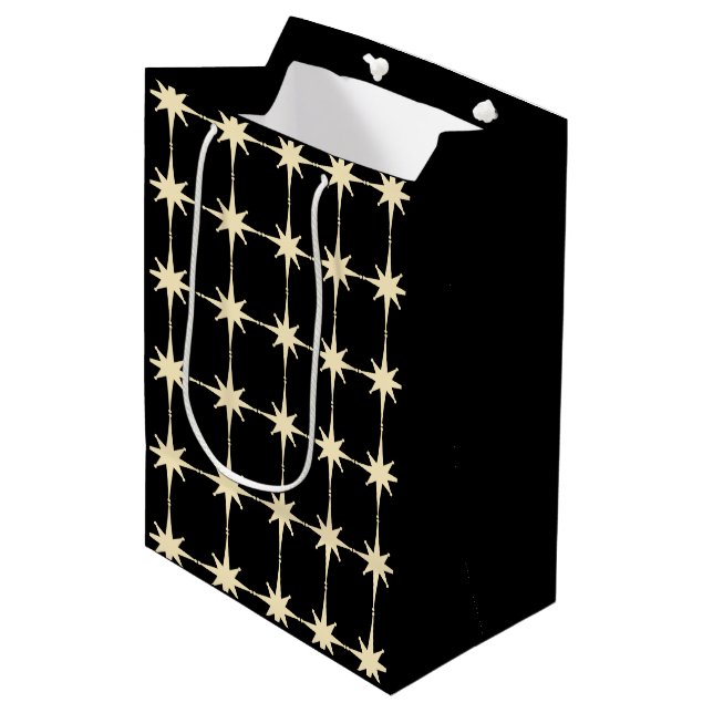 Sac Cadeau Moyen Retro Mid Century moderne Star Motif Black Creme (Devant Angle)