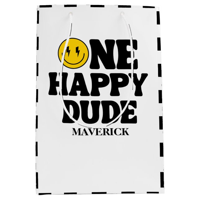Sac Cadeau Moyen Retro One Happy Dude Smile Face Boy 1st Birthday (Devant)