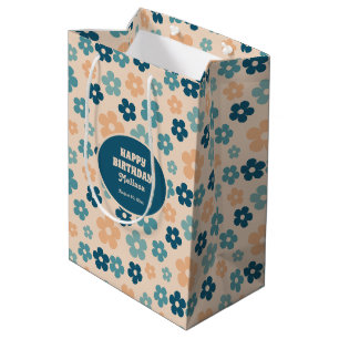 Sac Cadeau Moyen Retro Peach Dark Green Boho Flower 40th Birthday