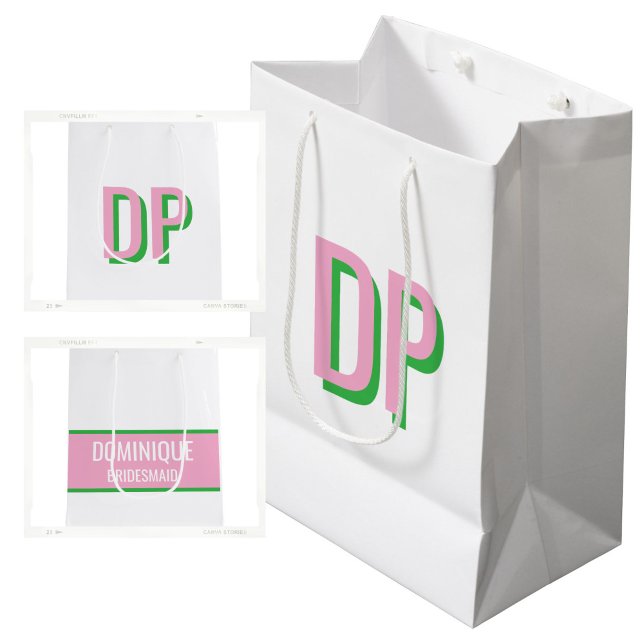 Sac Cadeau Moyen Robe de demoiselle d'honneur rose clair et monogra (Light Pink + Green  Monogram Gift Bag)