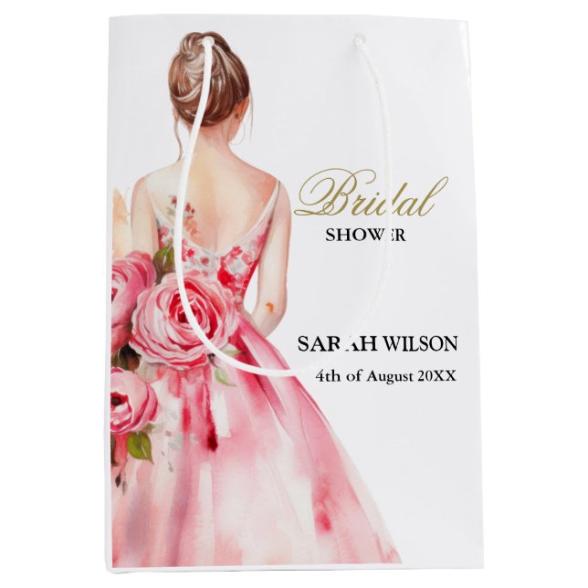 Sac Cadeau Moyen Robe de mariée aquarelle rose poudré Cadeaux de do (Devant)