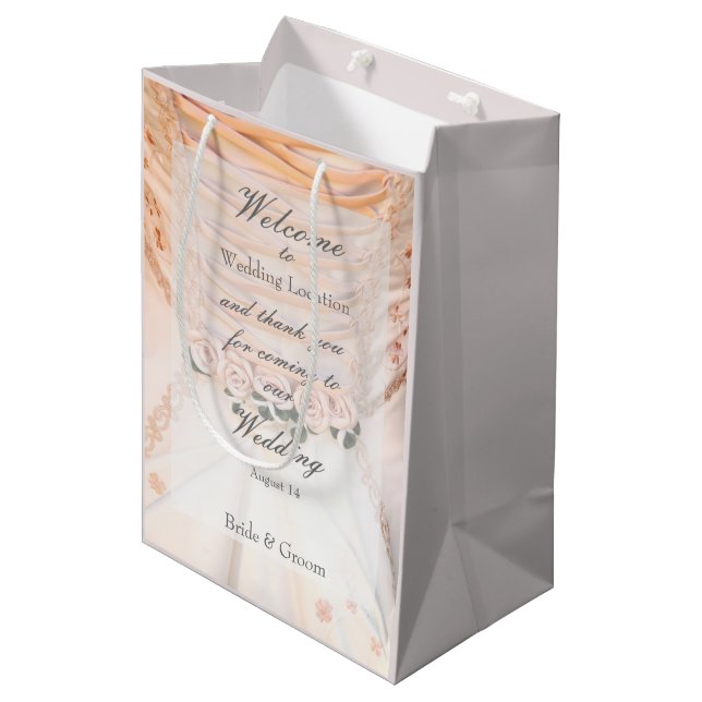 Sac Cadeau Moyen Robe de mariée blanche avec Mariage Rose (Devant Angle)