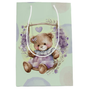 Sac Cadeau Moyen Robe Lavande Et Polka Brown Teddy Bear Swing