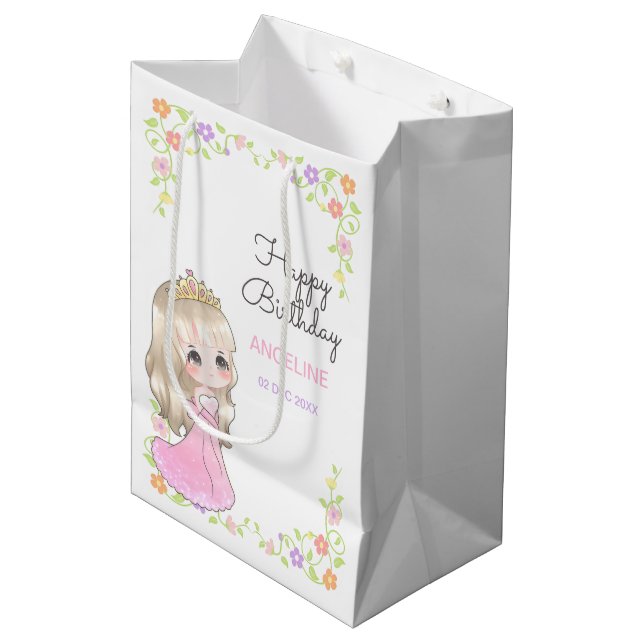 Sac Cadeau Moyen Robe rose mignonne Princesse Floral Anniversaire (Devant Angle)