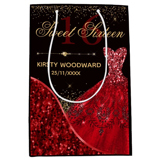 Sac Cadeau Moyen Robe Rouge Aquarelle Douce 16 Anniversaire (Devant)