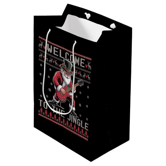 Sac Cadeau Moyen Rock n Roll Noël Rocker Santa Pull de Noël démodé  (Devant Angle)