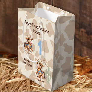 Sac Cadeau Moyen Rodeo Beige Cowboy Horse Western Nom 1er anniversa