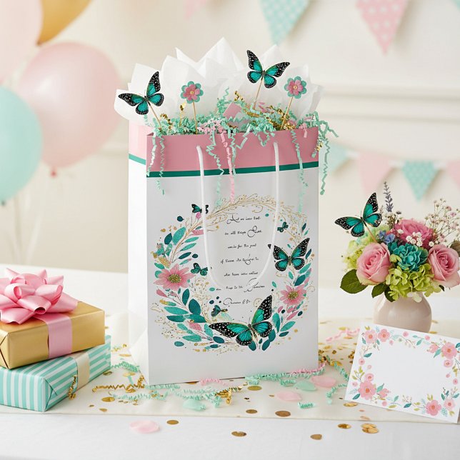 Sac Cadeau Moyen Romains 8:28 Fleurs et papillons  (Créateur téléchargé)