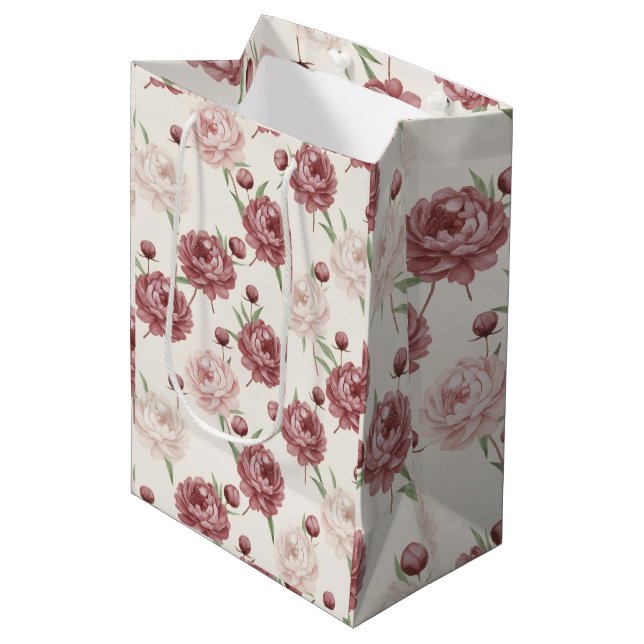 Sac Cadeau Moyen Romantic Blush & Burgundy Peony Floral Pattern (Devant Angle)