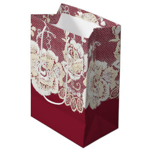 Sac Cadeau Moyen Romantique Crème rouge Blanche dentelle Mariage fl