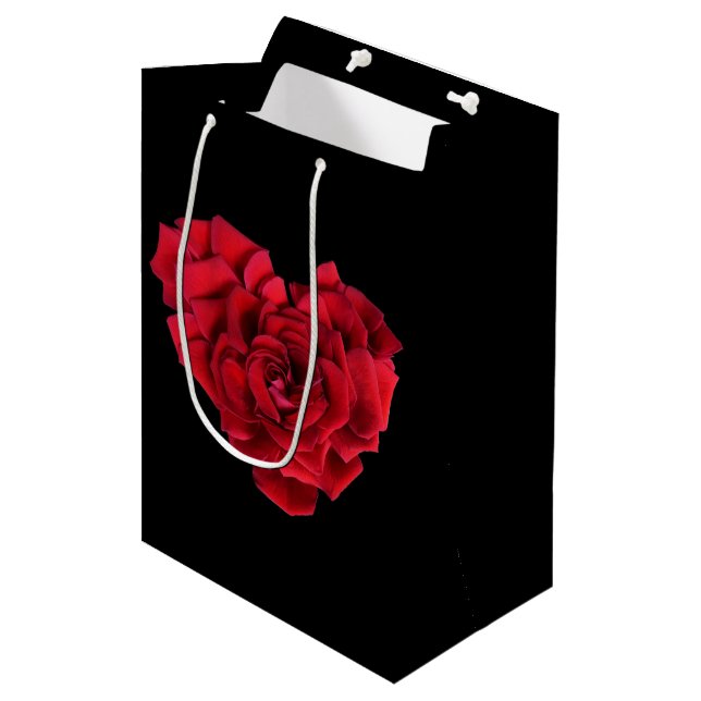 Sac Cadeau Moyen Romantique Red Rose Coeur sur Noir (Devant Angle)