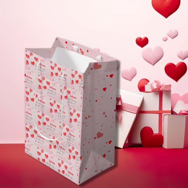 Sac Cadeau Moyen Romantique rose et coeur rouge Saint Valentin (Romantic Pink and Red Heart Valentine's Day Medium Gift Bag)