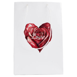 Sac Cadeau Moyen Romantique Rose rouge coeur floral