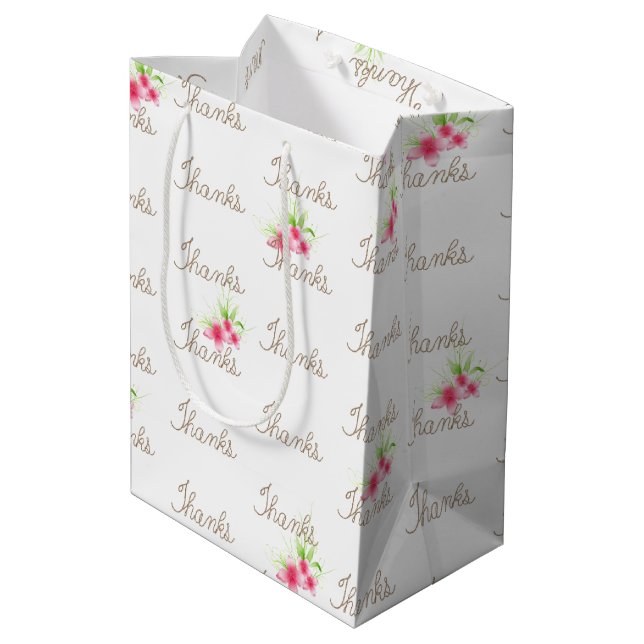 Sac Cadeau Moyen Rope Merci Texte avec Fleurs Roses (Dos Angle)
