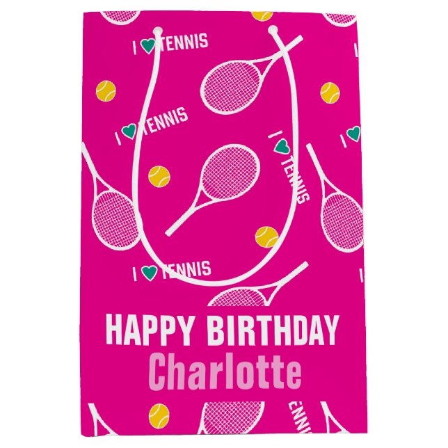 Sac Cadeau Moyen Rose clair J'aime le motif de tennis (Devant)