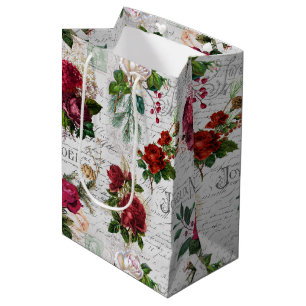 Sac Cadeau Moyen Rose de Noël Vintage Joyeux Noel Ephemera