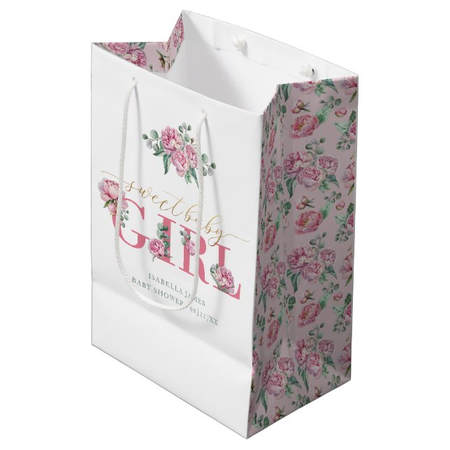 Sac Cadeau Moyen Rose et or Sweet Baby Girl Baby shower floral (Devant Angle)