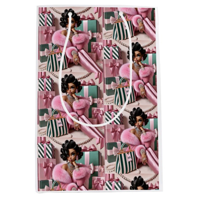 Sac Cadeau Moyen Rose Et Vert Chic (Devant)