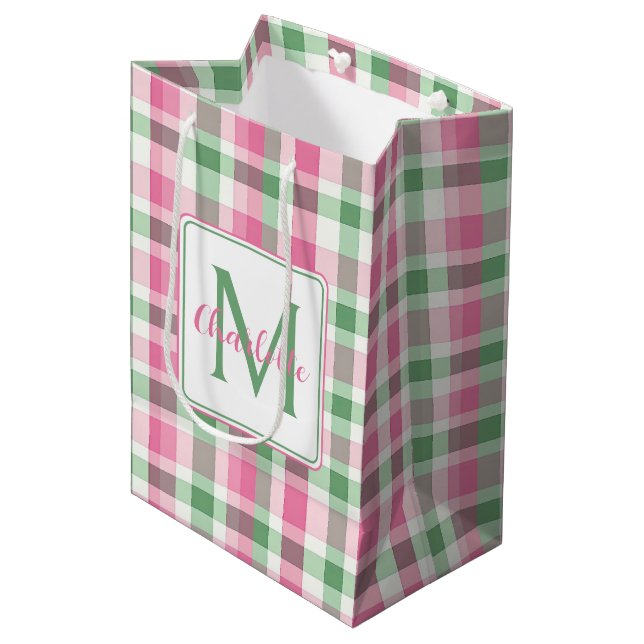 Sac Cadeau Moyen Rose et vert écossais Monogramme Prépa (Devant Angle)