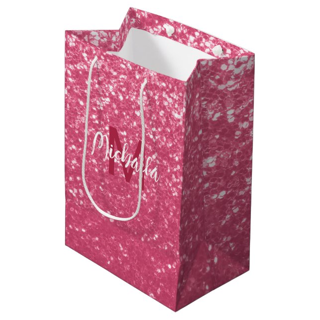 Sac Cadeau Moyen Rose faux pailleté rose clair Monogramme (Devant Angle)