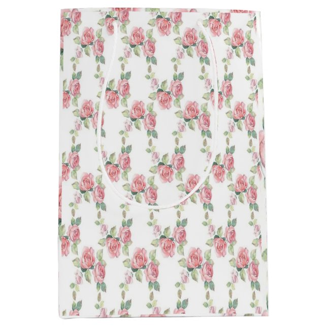 Sac Cadeau Moyen Rose fleurie rose chabby chic (Devant)