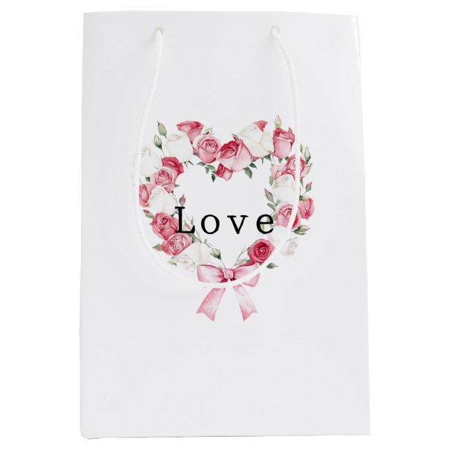 Sac Cadeau Moyen Rose Floral Hearts Mariage (Devant)