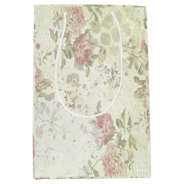 Sac Cadeau Moyen Rose Florale Rose Chic Usé (Devant)