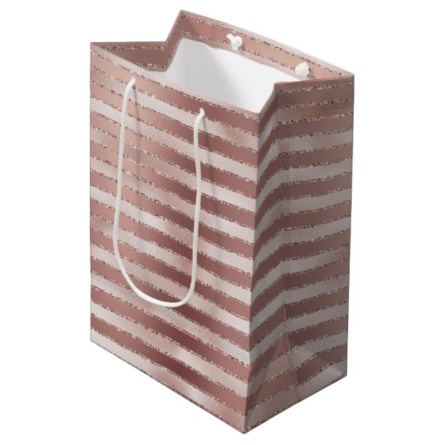 Sac Cadeau Moyen Rose Gold Fucsie Rayures Pailletées Baby Shower Ma (Devant Angle)
