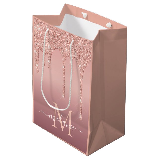 Sac Cadeau Moyen Rose Gold Parties scintillant personnalisée Lettre (Devant Angle)