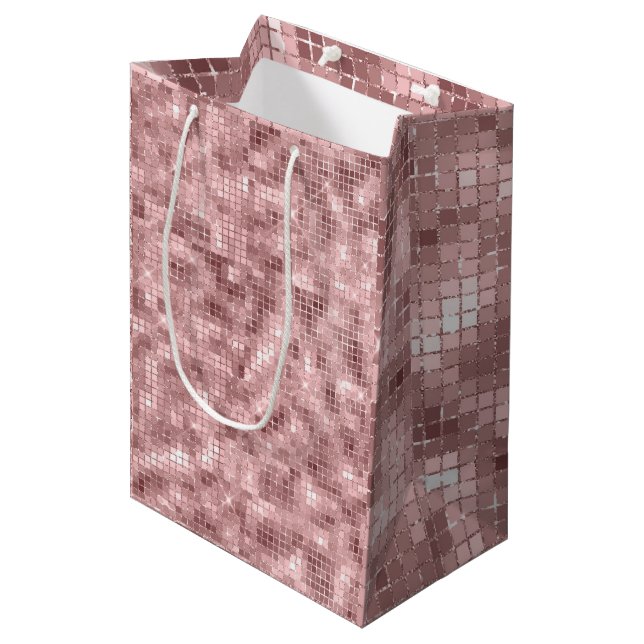 Sac Cadeau Moyen Rose Gold Rose Pailleté Luxe Fête Féminine (Devant Angle)