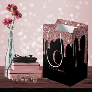 Sac Cadeau Moyen Rose noir  or étincelle Parties scintillant de gou